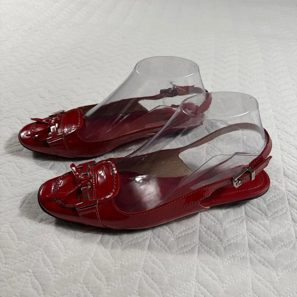 Tods Red‎ Patent Leather Slingback Loafer Flats Women 7.5 (EU 38) Italy Designer